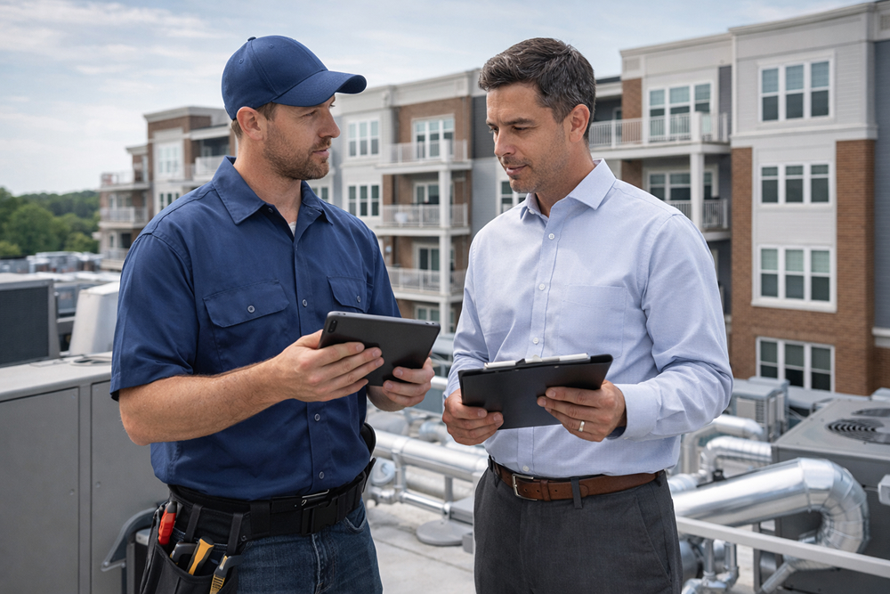 HVAC technician and property manager reviewing building equipment on a rooftop with tablets