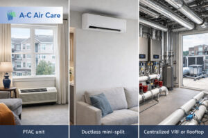 Comparison image showing a PTAC unit, ductless mini-split, and centralized VRF or rooftop HVAC system in multi-family housing