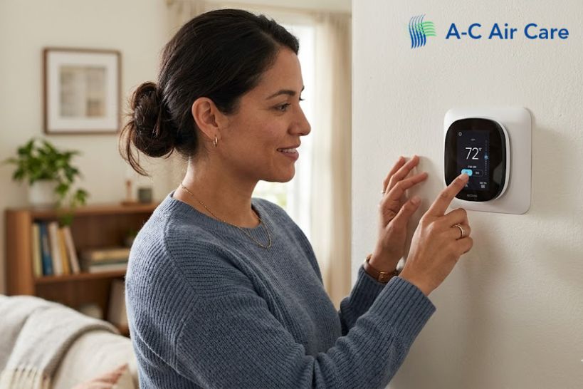 Woman adjusting a smart thermostat on the wall to control indoor temperature and improve home energy efficiency